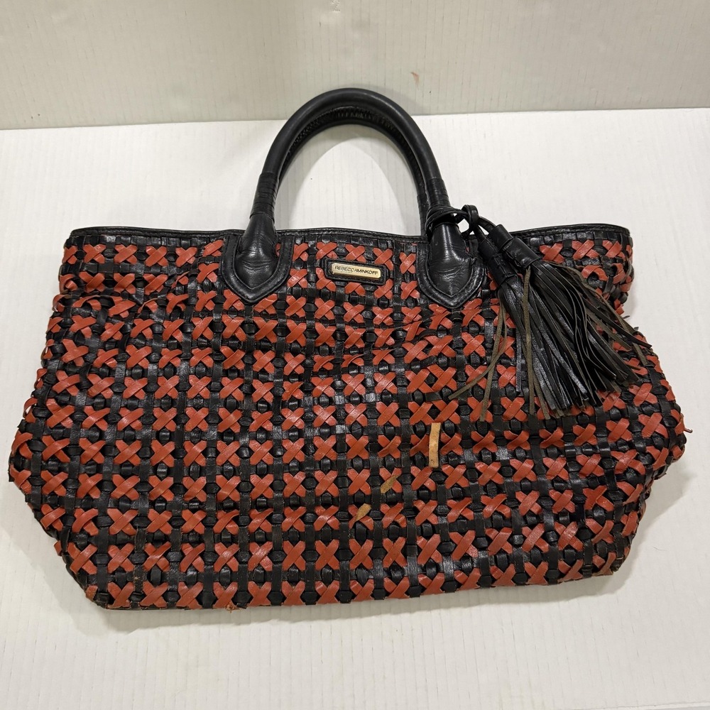 Rebecca Minkoff Perfection Tote Bag Womens Large Black Red Woven Leather